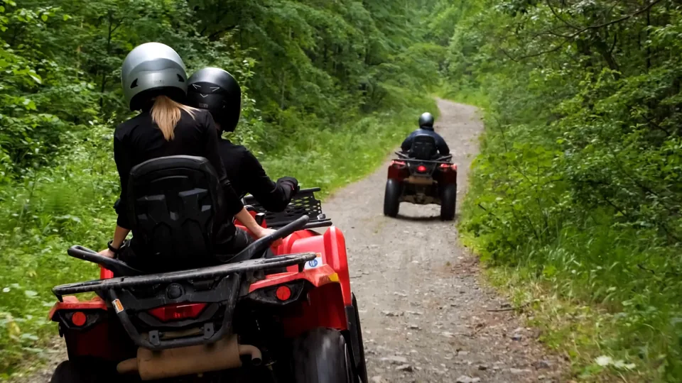 Helmeted ATV riders following a gravel trail through green forest