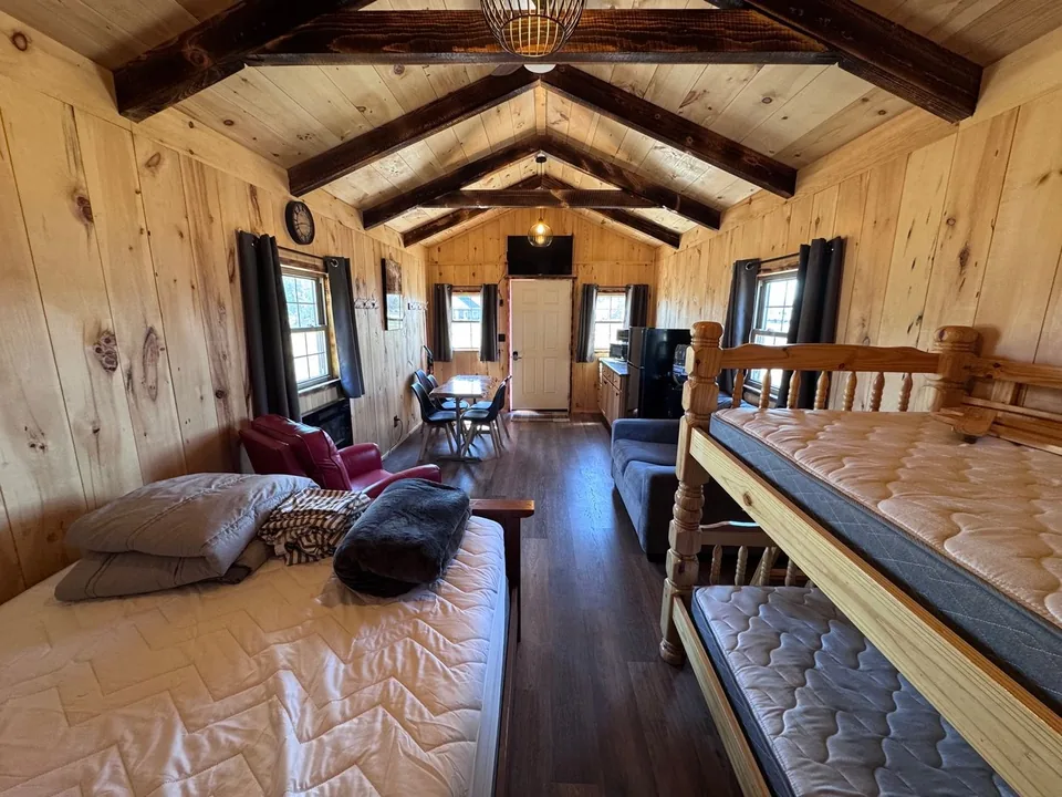 Beds and pine-lined interior of the Red Door Cabin