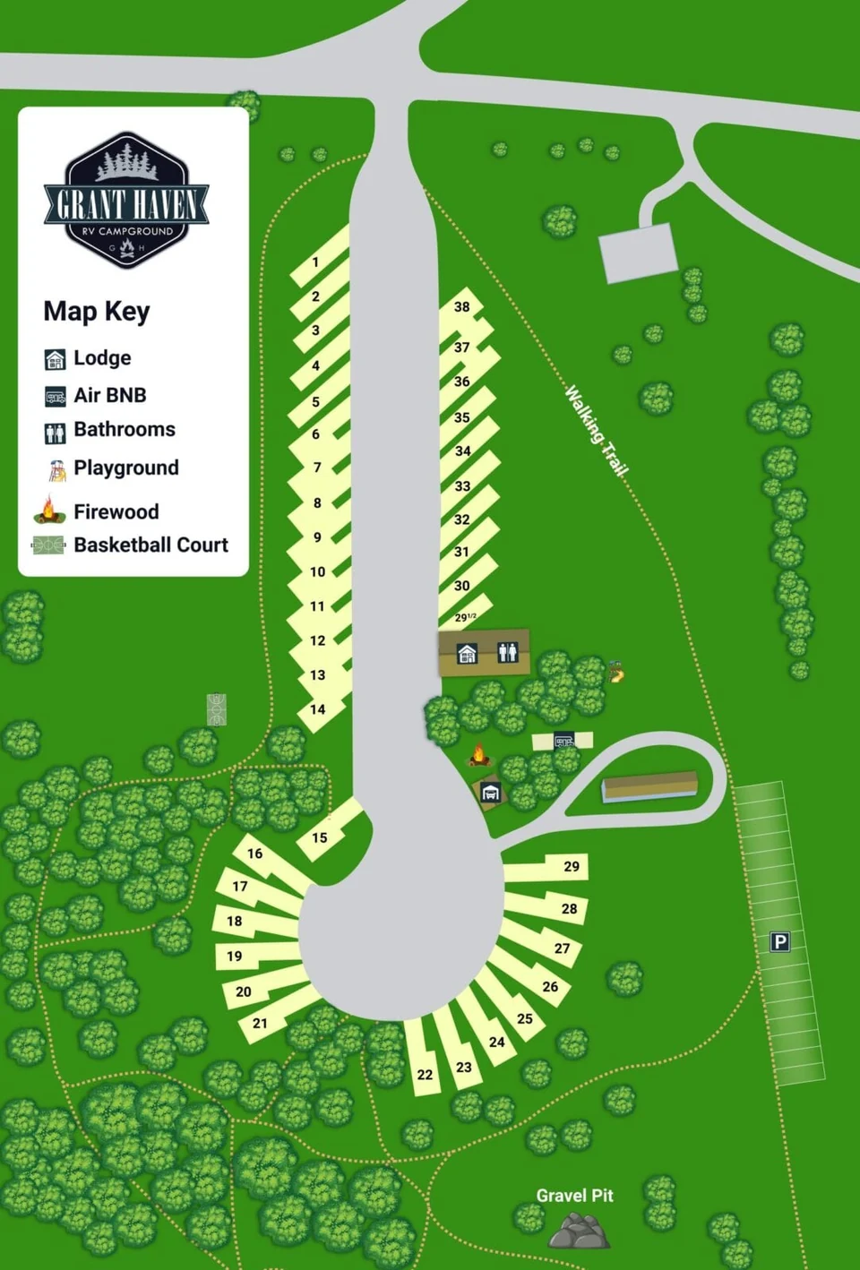 Grant Haven Campground map showing numbered RV sites, lodge, bathrooms, cabins, walking trail, and recreation areas
